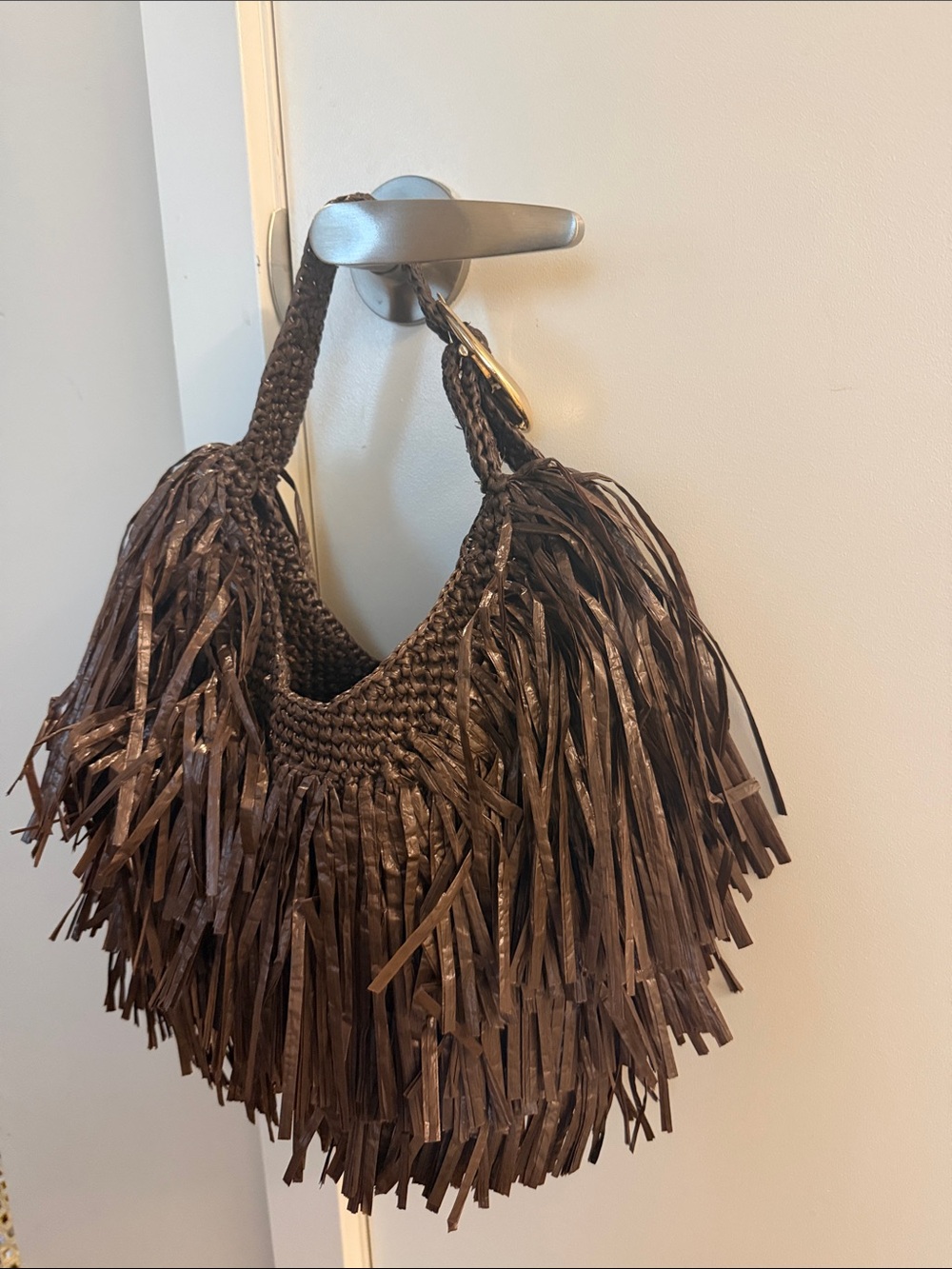 Anthropologie Fringed Woven Hobo Bag - Brown